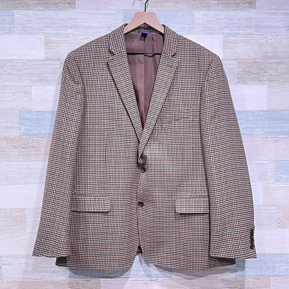 Saville Row London Wool Tweed Sport Coat Brown Houndstooth Check Mens 46R